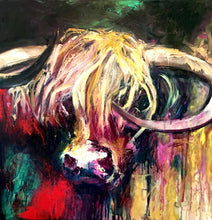 Load image into Gallery viewer, A lovely print of Curly the bull with his head against a background of emerald, red, gold, pink and black.
