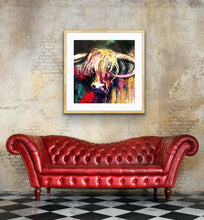 Load image into Gallery viewer, A lovely print of Curly the bull with his head against a background of emerald, red, gold, pink and black framed in Tasmanian Oak.
