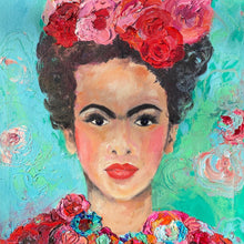 Load image into Gallery viewer, A beautiful and colourful print of Frida Kahlo with red and pink flowers in Frida&#39;s hair against a turquoise and aqua background.
