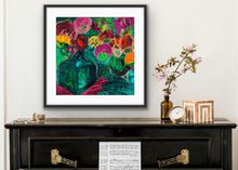 Load image into Gallery viewer, A magnificent bunch of vibrant blooms in a turquoise glass vase against a turquoise, green and magenta background, in a timber frame.

