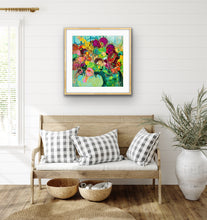 Load image into Gallery viewer, A mass of gorgeous blooms in shades of green, pink, magenta, red and gold in a green glass vase, framed in Tasmanian Oak.