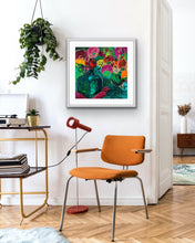 Load image into Gallery viewer, A magnificent bunch of vibrant blooms in a turquoise glass vase against a turquoise, green and magenta background, framed in white timber.
