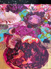 Load image into Gallery viewer, Pink flowers in varying shades in a red vase. Detail view 2
