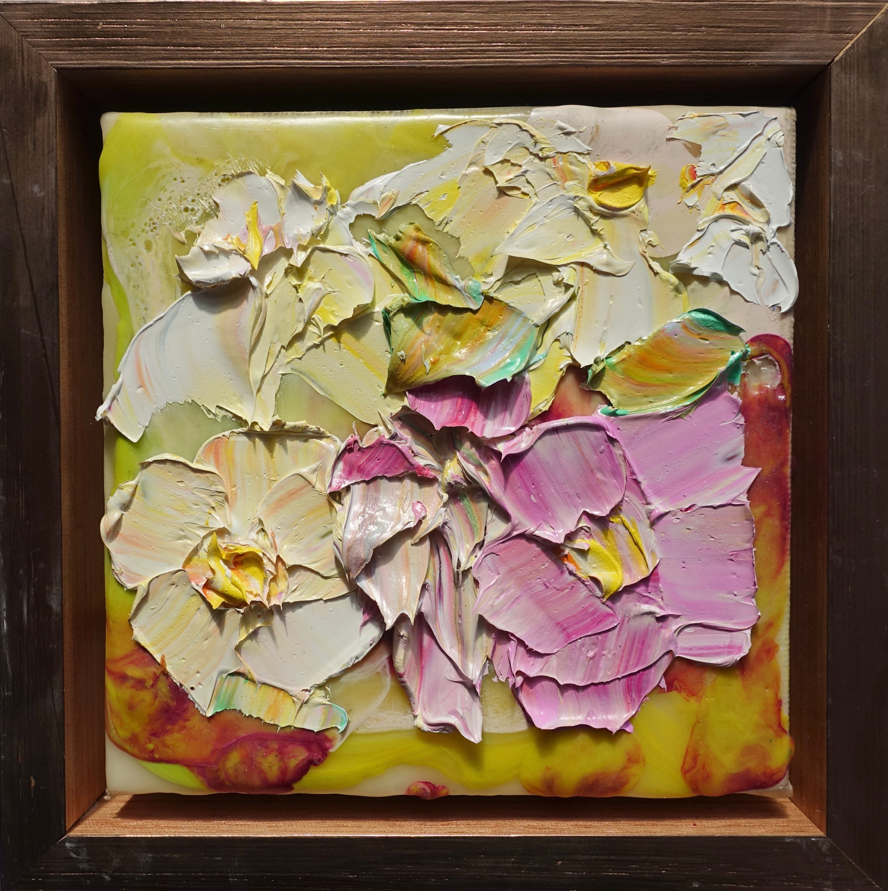 Oil and texture on this cute, pale pink and pale lemon coloured painting, in an oak frame.