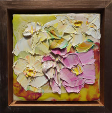 Load image into Gallery viewer, Oil and texture on this cute, pale pink and pale lemon coloured painting, in an oak frame.

