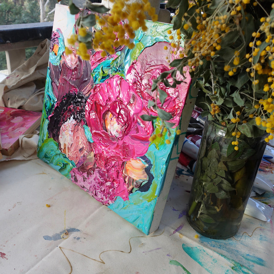 Chaumont is an original painting of a mass of hot pink and pale pink flowers on a turquoise, aqua and white background, by artist Kerry Bruce, Acrylic on canvas, 39cm x 39cm.