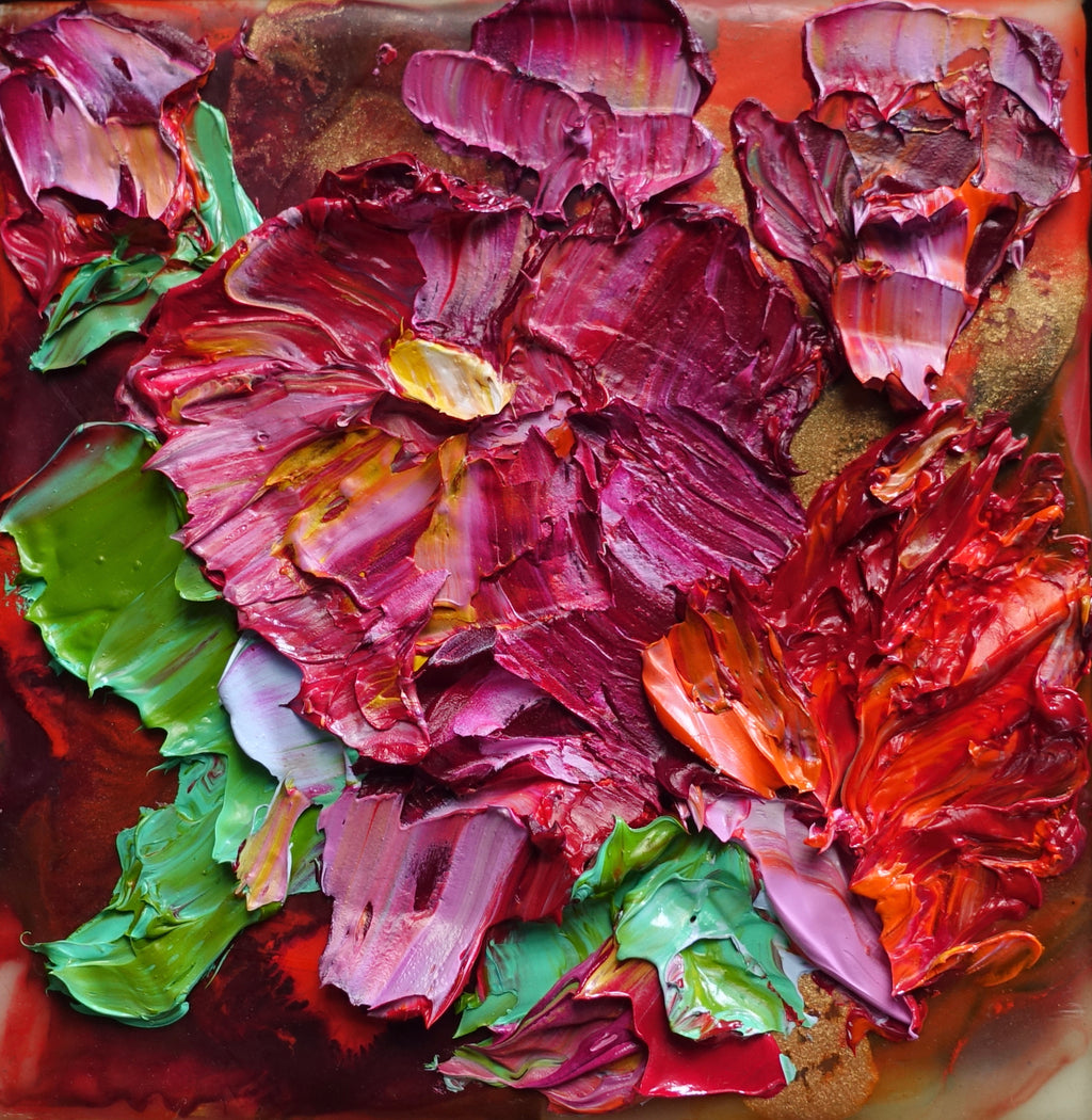 A cute oil painting with texture in tones of hot pink and green.