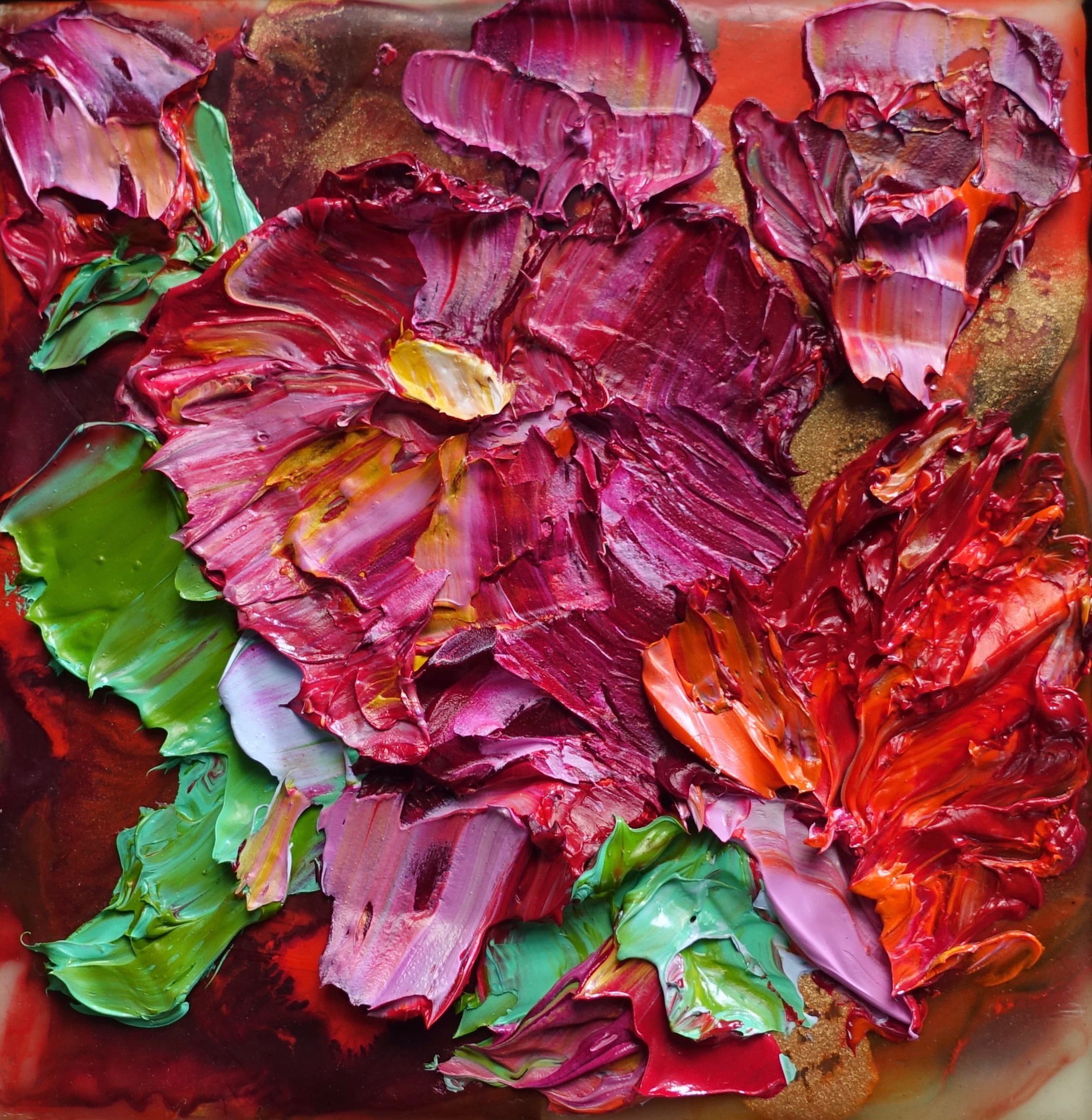 A cute oil painting with texture in tones of hot pink and green.