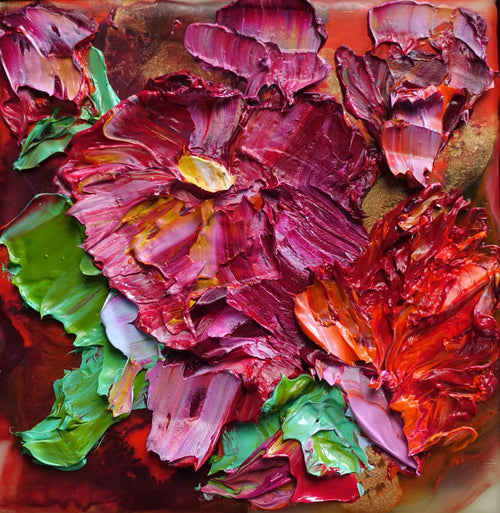 A cute oil painting with texture in tones of hot pink and green.