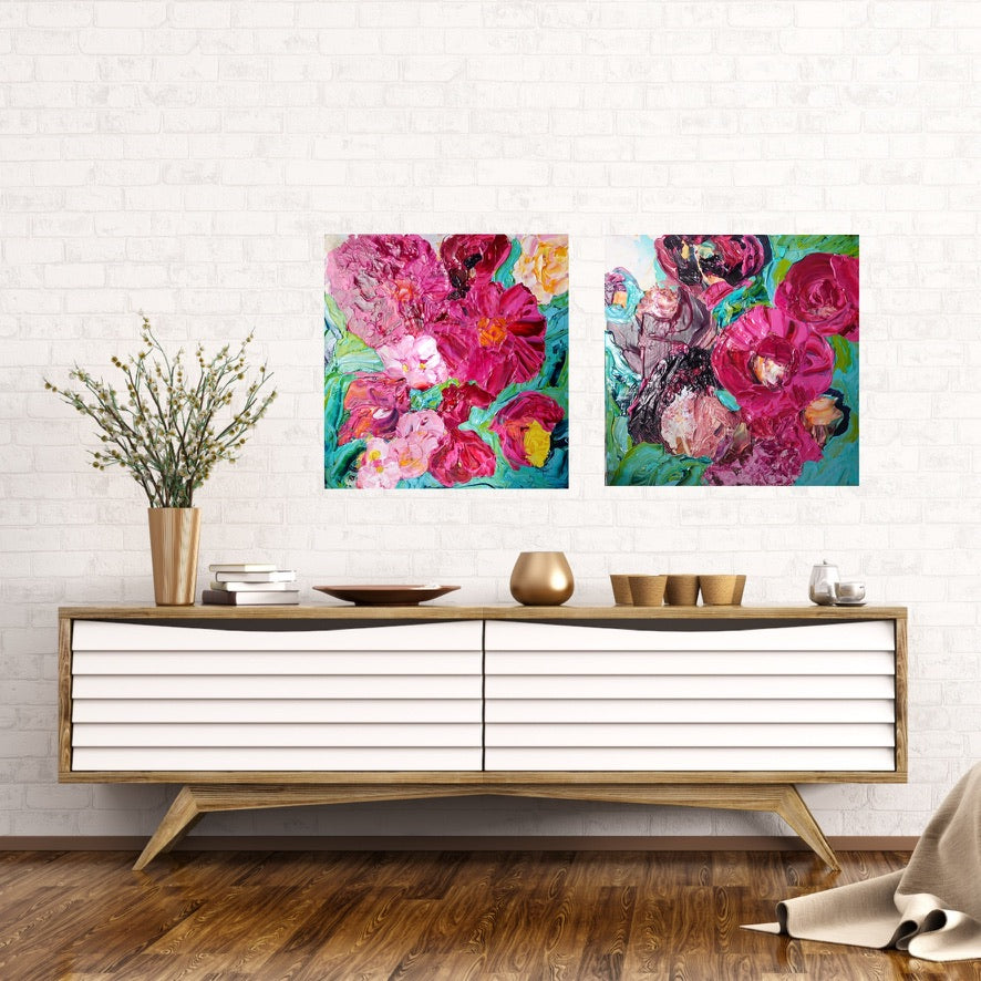 Peony Coast is an original painting of a bunch of hot pink and pale pink blooms on a turquoise background by artist Kerry Bruce, acrylic on canvas, 39cm x 39cm. Shown here with Chaumont.