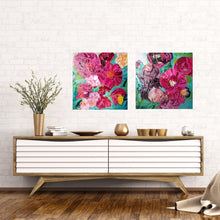 Load image into Gallery viewer, Peony Coast is an original painting of a bunch of hot pink and pale pink blooms on a turquoise background by artist Kerry Bruce, acrylic on canvas, 39cm x 39cm. Shown here with Chaumont.
