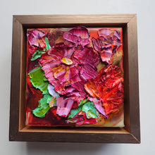 Load image into Gallery viewer, A cut oil painting with tones of hot pink, red and green, framed in light oak with gold face
