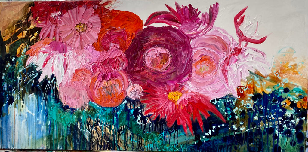 Midnight in the Garden is a large, impressionist style original painting of a mass of hot pink, pale pink and orange blooms on a turquoise, aqua and white background, oil on canvas, light Tasmanian Oak box frame152cm x 76cm.