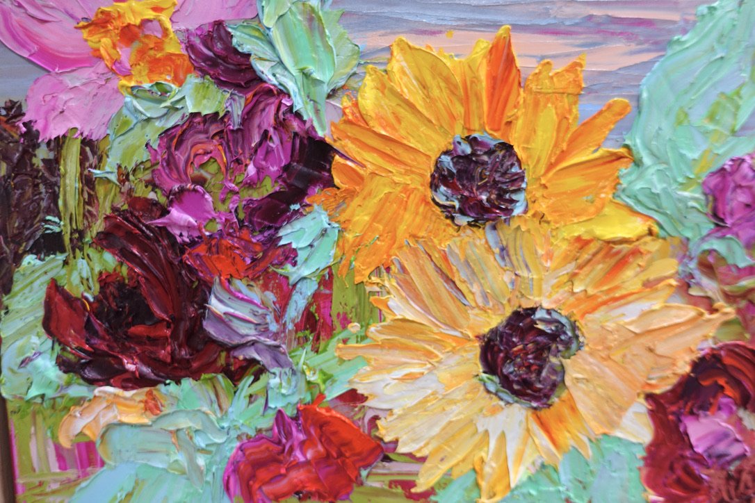 Sunshine is an original painting of yellow, hot pink and red flowers with pale green/blue leaves, acrylic on canvas, 43cm x 43cm. Cropped image
