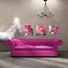 Load image into Gallery viewer, Peony Coast is an original painting of a bunch of hot pink and pale pink blooms on a turquoise background by artist Kerry Bruce, acrylic on canvas, 39cm x 39cm. Shown here with Paris and Chaumont.
