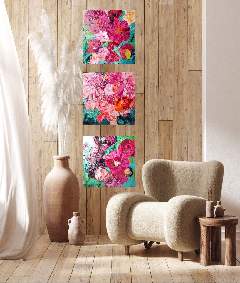 Chaumont is an original painting of a mass of hot pink and pale pink flowers on a turquoise, aqua and white background, by artist Kerry Bruce, Acrylic on canvas, 39cm x 39cm. Shown here with Peony Coast and Paris.