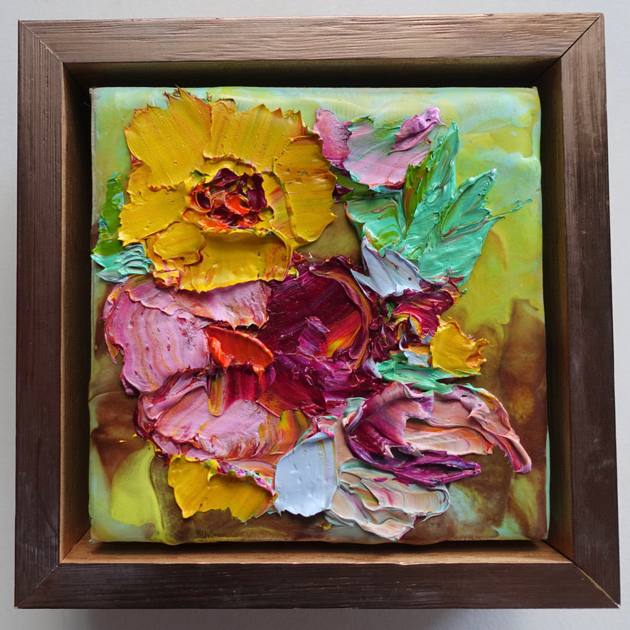 Oil and texture in this cute artwork with mustard, pink and green tones, framed in Tasmanian Oak.