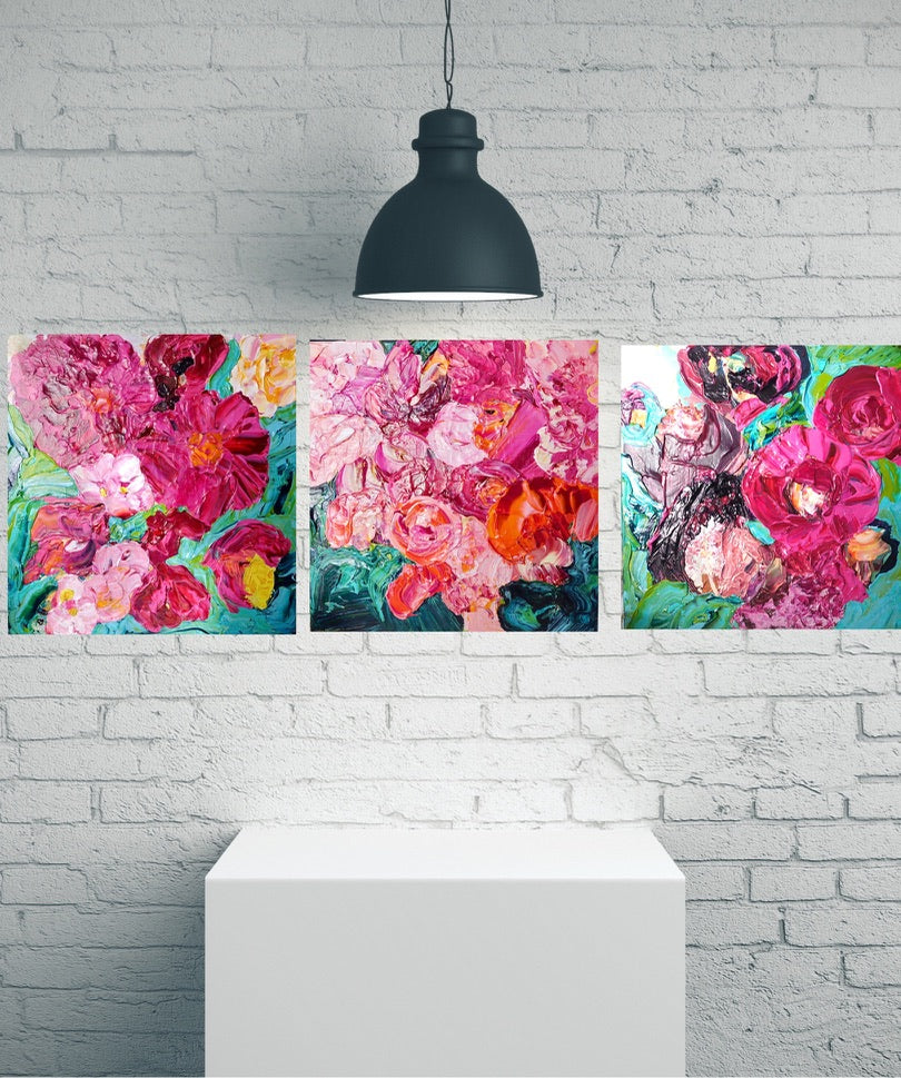 Paris is an original painting of a mass of hot pink, pale pink and orange flowers on a dark turquoise background by artist Kerry Bruce, acrylic on canvas, 39cm x 39cm. Shown here with Peony Coast and Chaumont.