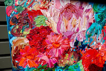 Load image into Gallery viewer, Proteas, pinks, magenta, reds, waratah, australian natives in a deep blue vase against an aqua background. Detail view shown.
