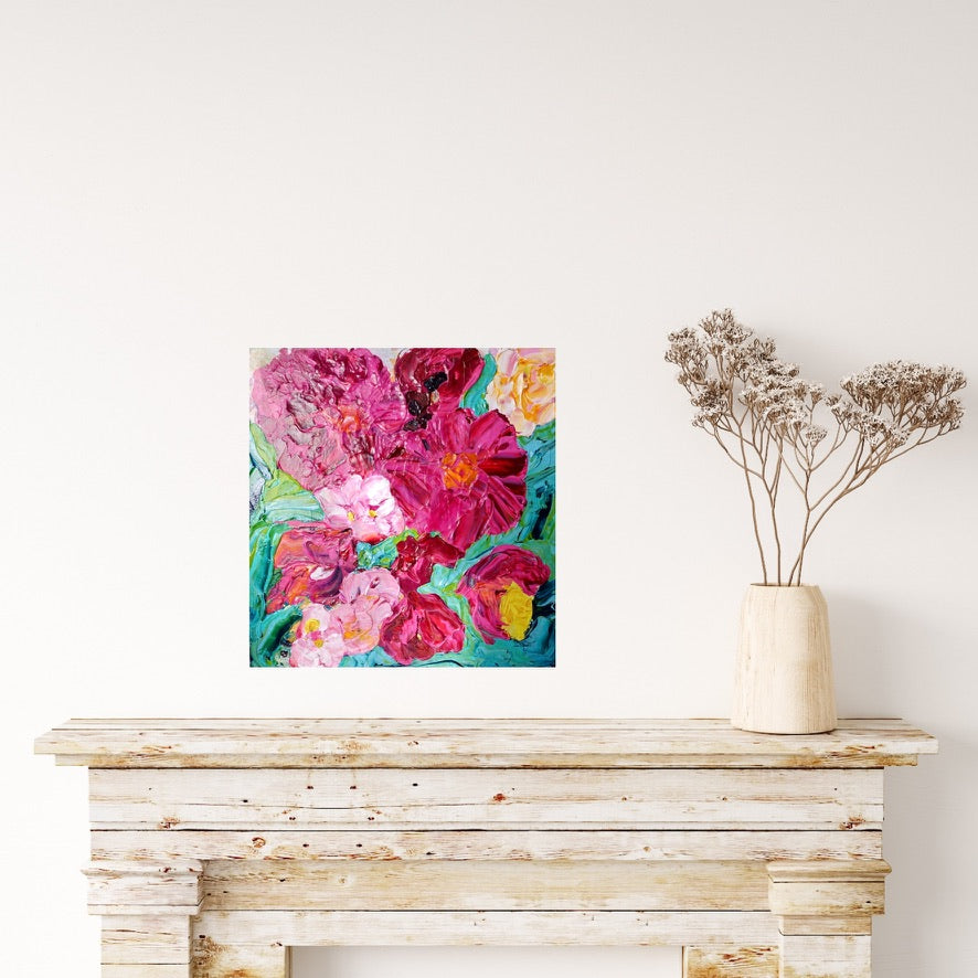 Peony Coast is an original painting of a bunch of hot pink and pale pink blooms on a turquoise background by artist Kerry Bruce, acrylic on canvas, 39cm x 39cm.