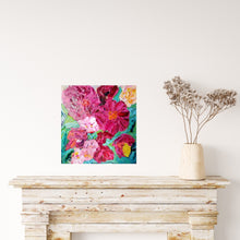 Load image into Gallery viewer, Peony Coast is an original painting of a bunch of hot pink and pale pink blooms on a turquoise background by artist Kerry Bruce, acrylic on canvas, 39cm x 39cm.
