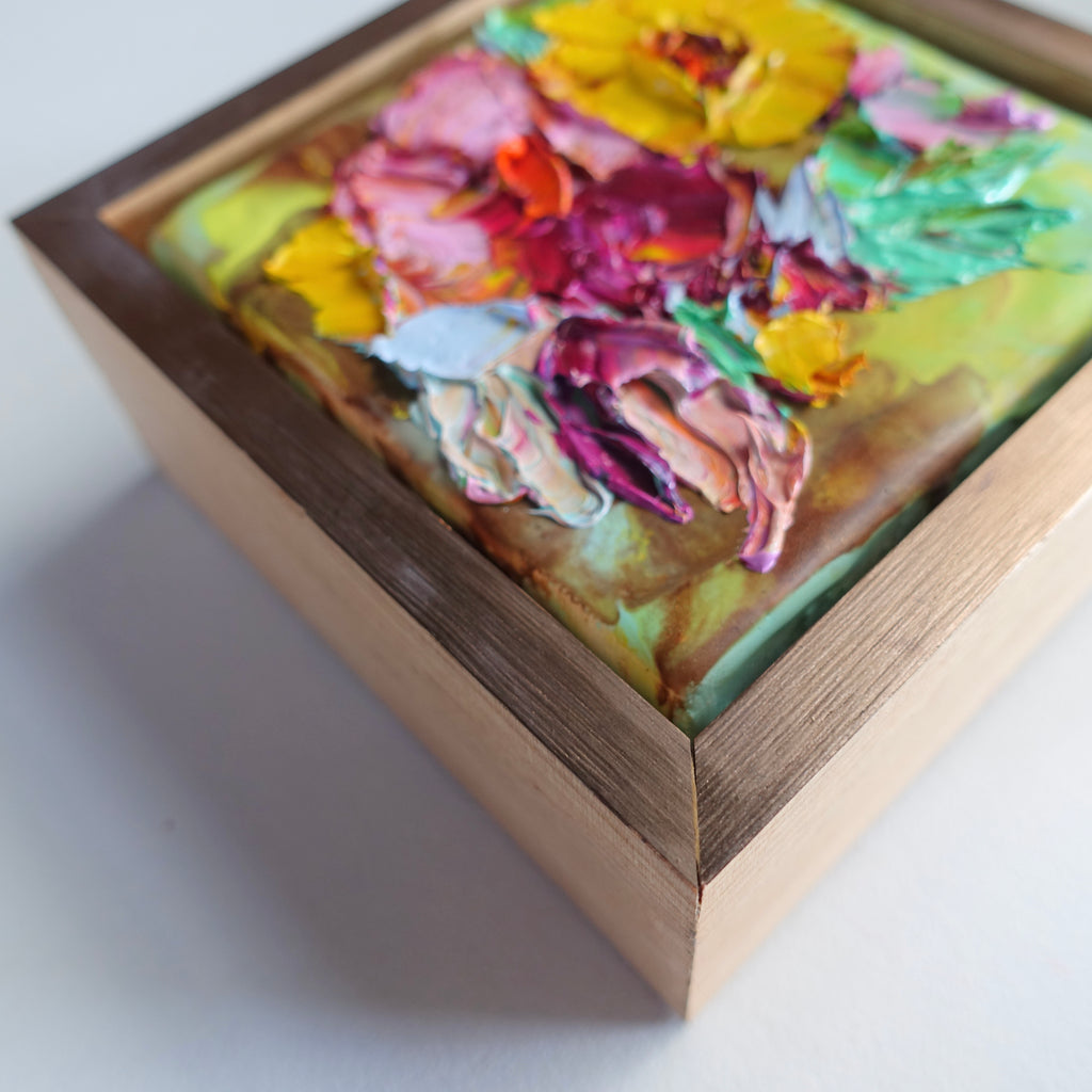 Oil and texture in this cute artwork with mustard, pink and green tones, framed in Oak.