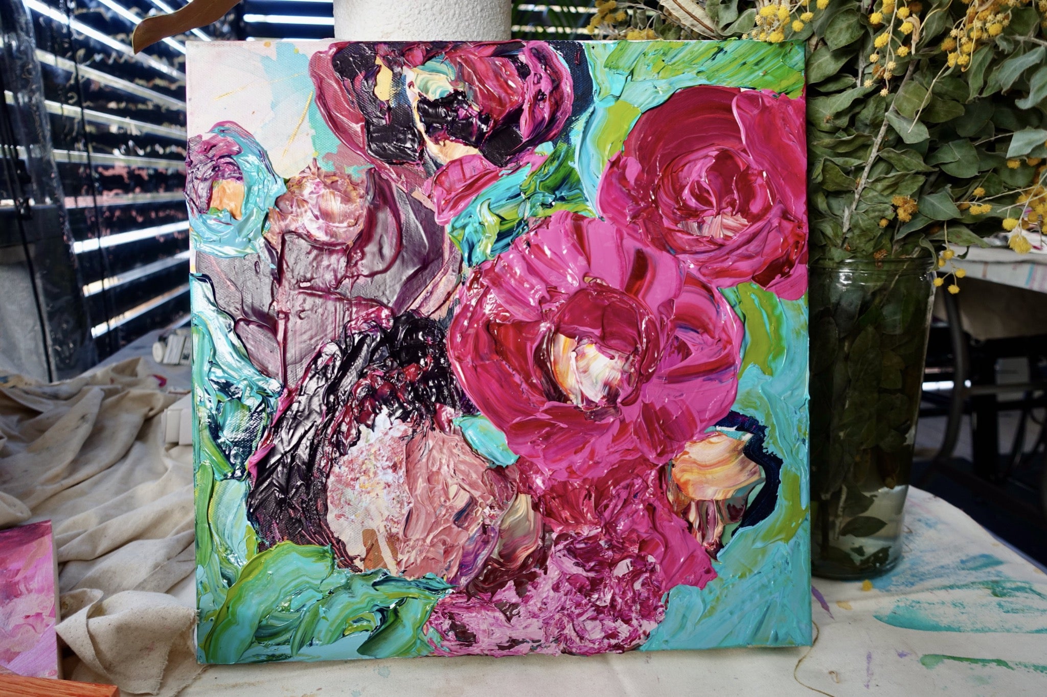 Chaumont is an original painting of a mass of hot pink and pale pink flowers on a turquoise, aqua and white background, by artist Kerry Bruce, Acrylic on canvas, 39cm x 39cm.