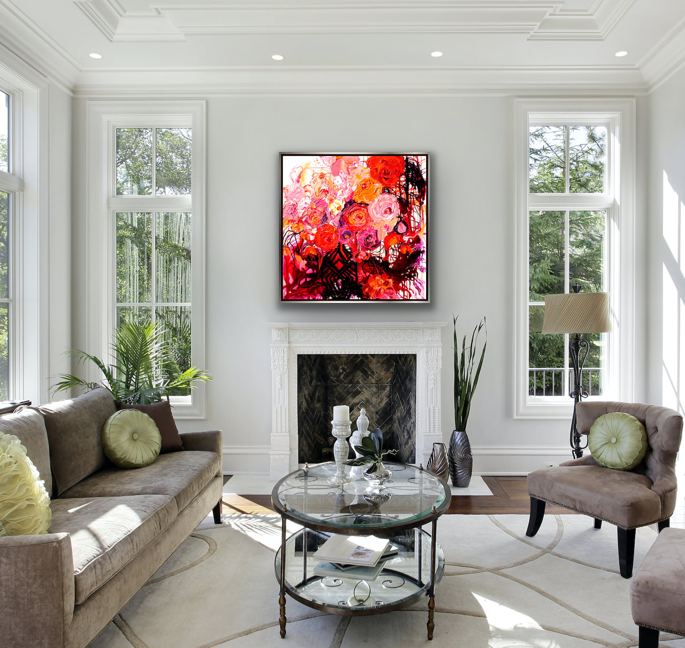 Buds & Blooms is a mass of red, orange and pink flowers in a black lacy vase, 100cm x 100cm Acrylic on Canvas.