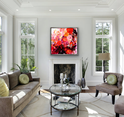 Buds & Blooms is a mass of red, orange and pink flowers in a black lacy vase, 100cm x 100cm Acrylic on Canvas.