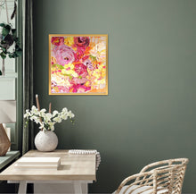 Load image into Gallery viewer, A pretty mass of yellow, pale pink and hot pink coloured blooms, with some leaves in a lovely shade of green, on an olive wall.
