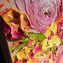 Load image into Gallery viewer, Side view of &#39;Beauty&#39; an original painting of a mass of yellow, pale pink and hot pink coloured blooms, with some leaves in a lovely shade of green.
