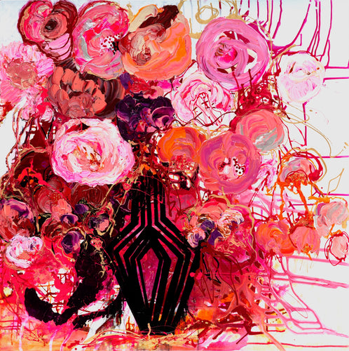 Buds & Blooms is a limited edition print of a vibrant mass of red and pink blooms in a black vase.