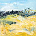 A limited edition print. of a yellow abstract country landscape with an aqua blue sky and charcoal rocks. 
