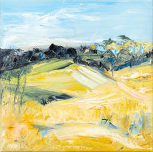 Load image into Gallery viewer, Abstract oil painting of a country landscape in a beautiful shade of pale yellow with a pale blue sky.
