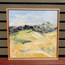 Load image into Gallery viewer, Abstract oil painting of a country landscape in a beautiful shade of pale yellow with a pale blue sky. Framed View.
