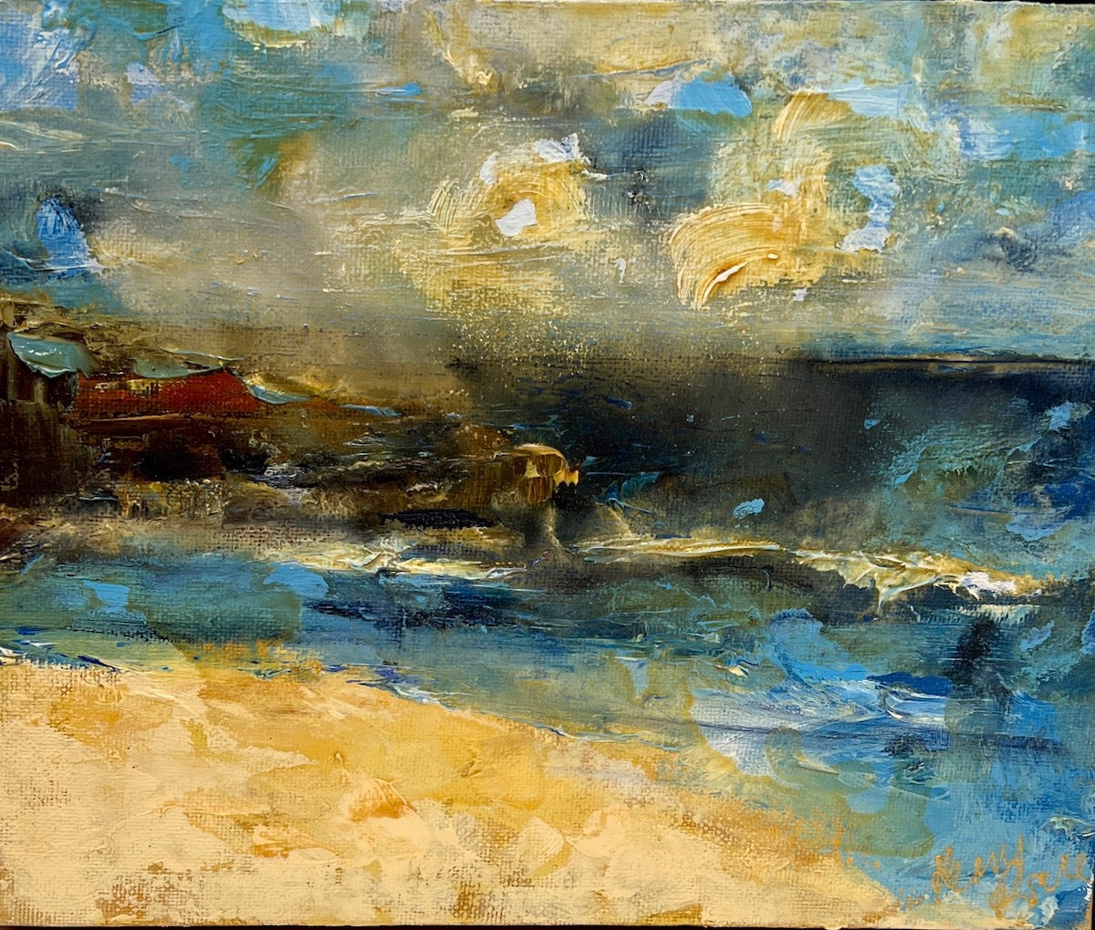 Abstract coastal scene in shades of yellow and blue.