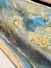 Load image into Gallery viewer, Abstract coastal scene in shades of yellow and blue. Detail view.
