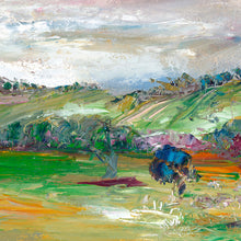 Load image into Gallery viewer, Abstract painting of a green countryside with a blue tree in the foreground. Square view.
