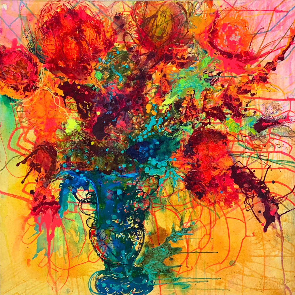 Original painting of a blue vase filled with coral blooms on a yellow background. Acrylic on canvas, framed in an oak box frame.