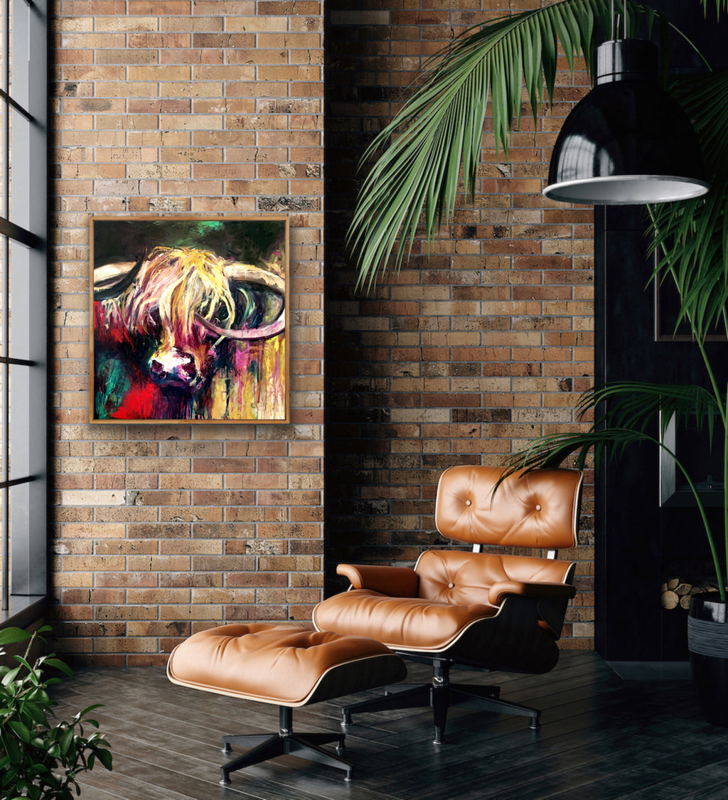 A lovely print of Curly the bull with his head against a background of emerald, red, gold, pink and black in a Tasmanian Oak frame.