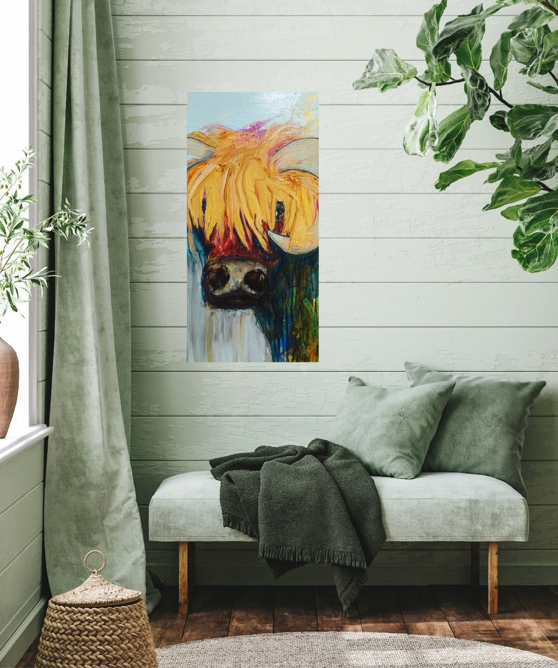 Blondie is a painting of a gorgeous bovine with long blonde hair, shown on a pale green panelled wall.