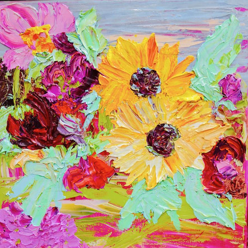 Sunshine is an original painting of yellow, hot pink and red flowers with pale green/blue leaves, acrylic on canvas, 43cm x 43cm.