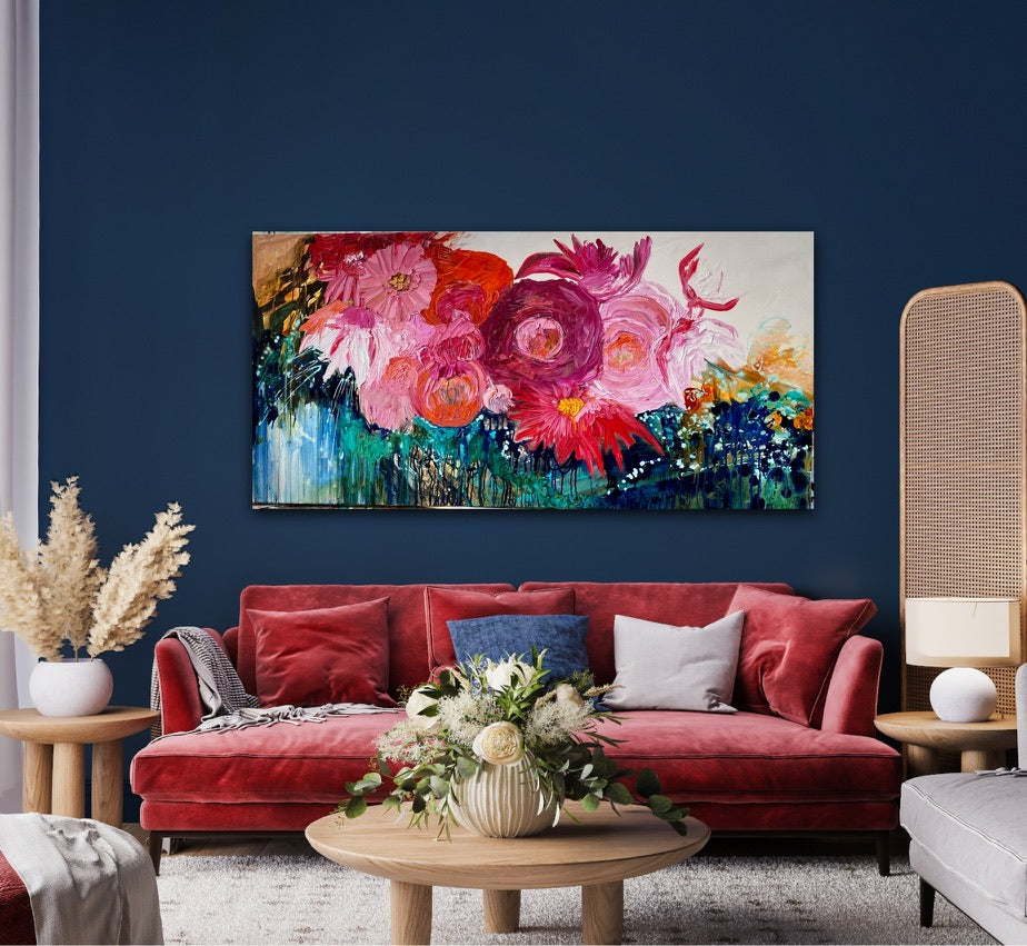 Midnight in the Garden is a large, impressionist style original painting of a mass of hot pink, pale pink and orange blooms on a turquoise, aqua and white background, oil on canvas, light Tasmanian Oak box frame152cm x 76cm.