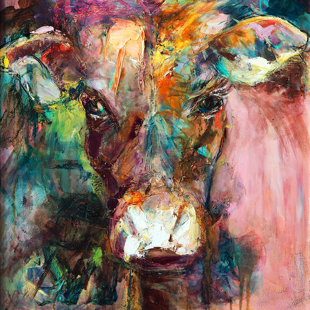 A gorgeous print of Dairy Queen the cow. Set against a muted, multi coloured background.