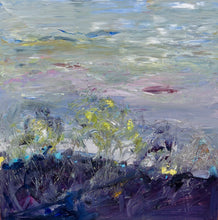 Load image into Gallery viewer, Abstract country landscape with a charcoal colour in the foreground with and yellow wildflowers coming out of rocks, with touches of aqua and a muted multicoloured background.
