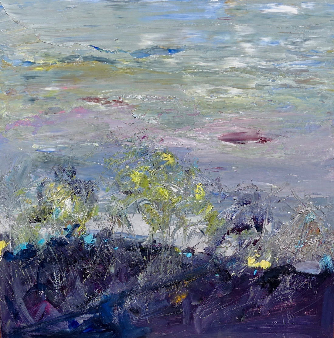 Abstract country landscape with a charcoal colour in the foreground with and yellow wildflowers coming out of rocks, with touches of aqua and a muted multicoloured background.