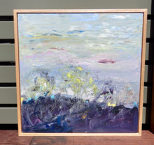 Load image into Gallery viewer, Abstract country landscape with a charcoal colour in the foreground with and yellow wildflowers coming out of rocks, with touches of aqua and a muted multicoloured background. Framed View.
