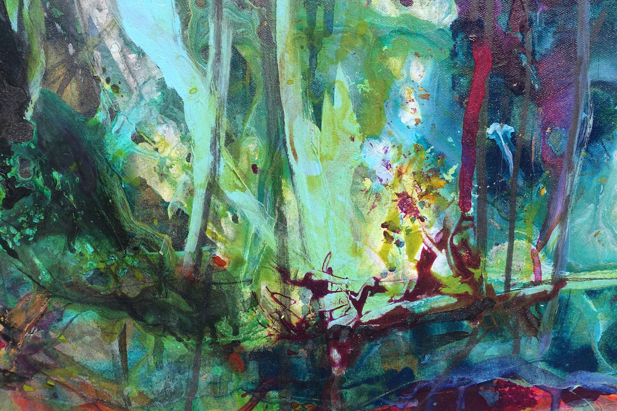 Abstract multicoloured oil painting of a creek, surrounded by trees. Detail view.