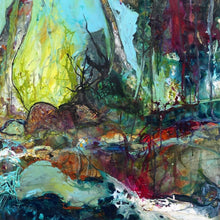 Load image into Gallery viewer, Abstract multicoloured oil painting of a creek, surrounded by trees. Square view.
