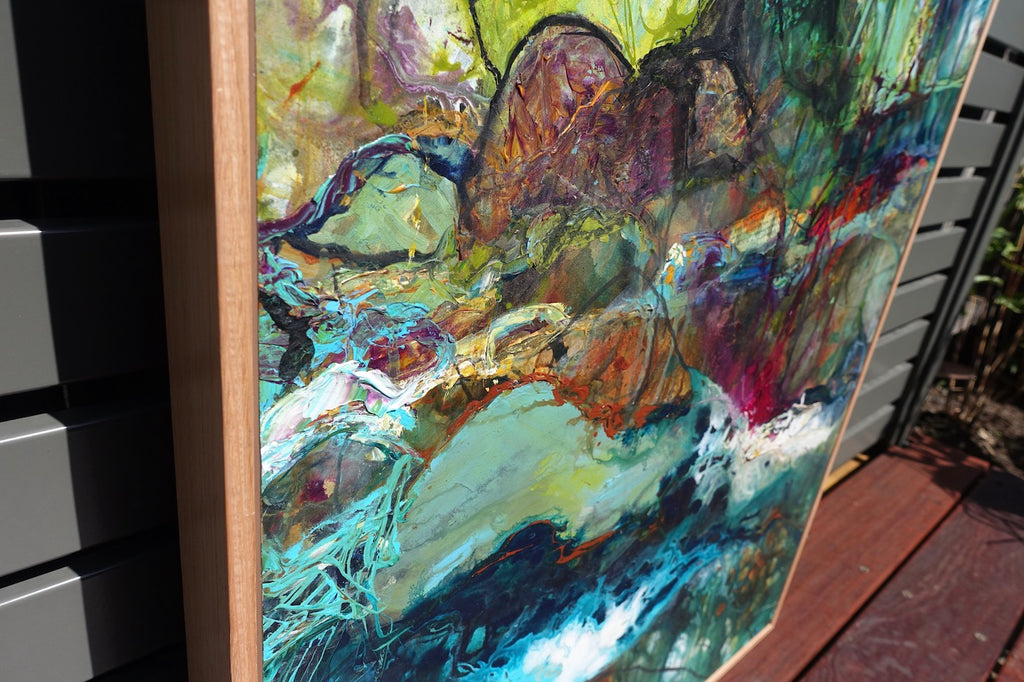 Abstract multicoloured oil painting of a creek, surrounded by trees. Detail view 2.